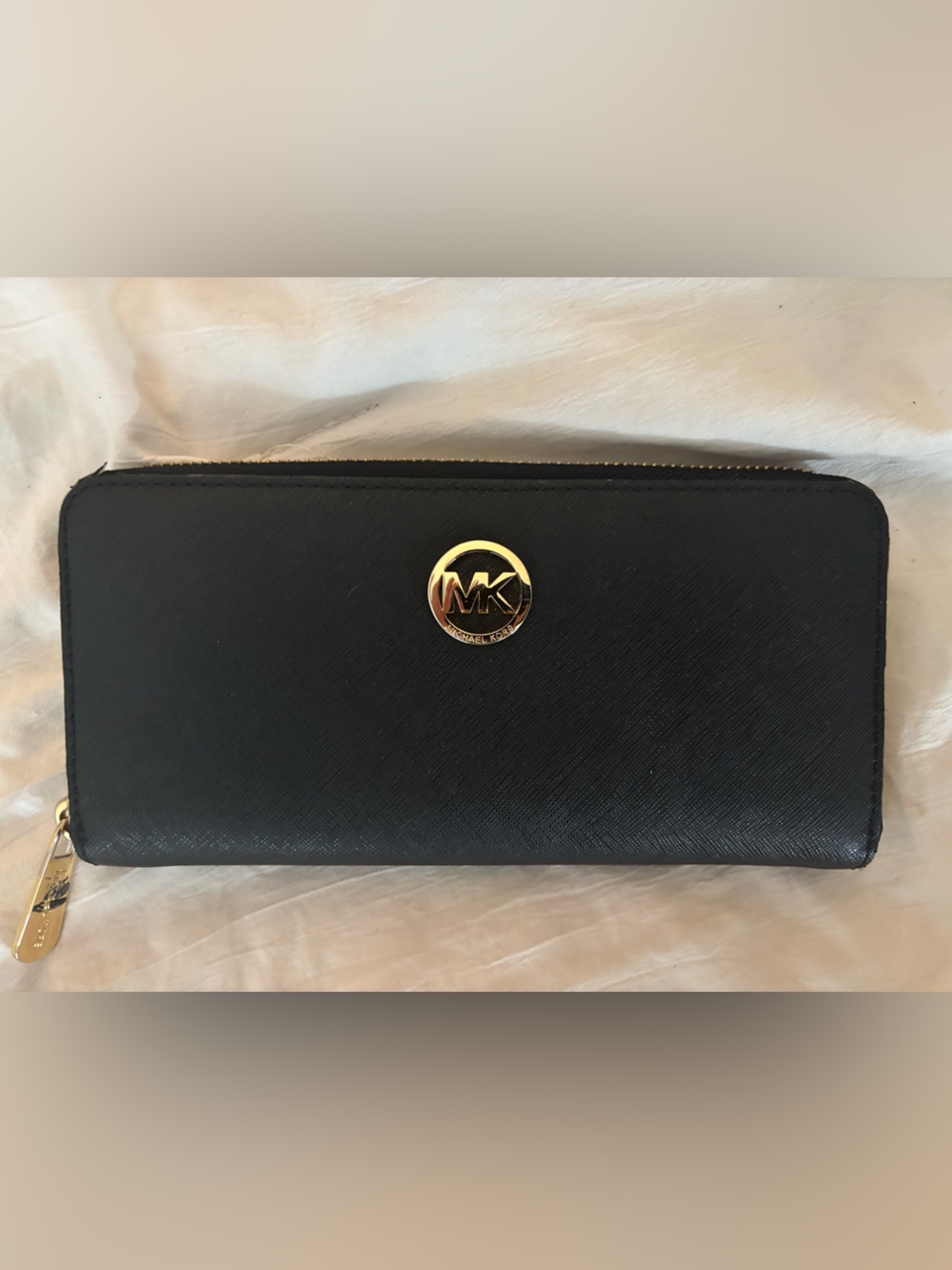 Michael Kors Black Zip Wallet with Gold MK Emblem